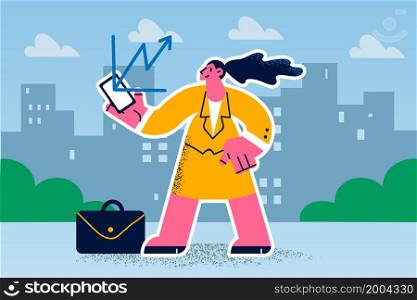 Businesswoman use cellphone check investment raise on stock exchange. Woman employee follow financial graphs or rate index on smartphone. Banking and finance. Business concept. Vector illustration. . Businesswoman check financial rate raise on smartphone