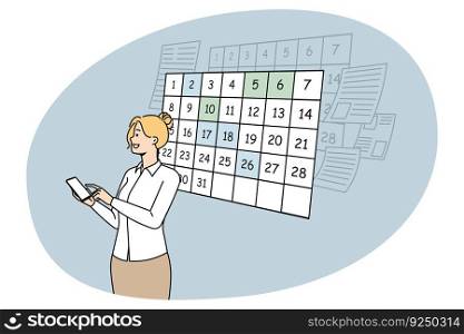 Businesswoman use smartphone plan appointment for day in calendar application. Woman scheduling appointments and events on cellphone app. Time management. Vector illustration.. Businesswoman plan day with cellphone app calendar