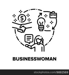 Businesswoman Vector Icon Concept. Businesswoman Business Idea And Work Process Management, Partnership With Partners And Employees Recruitment. Professional Occupation Black Illustration. Businesswoman Vector Concept Black Illustration