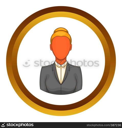 Businesswoman vector icon in golden circle, cartoon style isolated on white background. Businesswoman vector icon