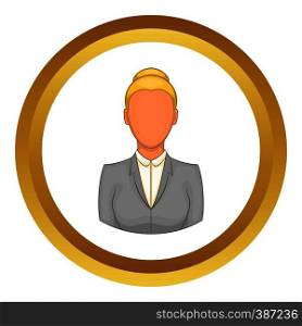 Businesswoman vector icon in golden circle, cartoon style isolated on white background. Businesswoman vector icon
