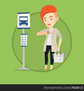 Businesswoman waiting at the bus stop. Young businesswoman standing at the bus stop. Woman looking at her watch at the bus stop. Vector flat design illustration in the circle isolated on background.. Woman waiting at the bus stop vector illustration.