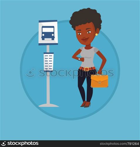 Businesswoman waiting at the bus stop. Young businesswoman standing at the bus stop. Woman looking at her watch at the bus stop. Vector flat design illustration in the circle isolated on background.. Woman waiting at the bus stop vector illustration.