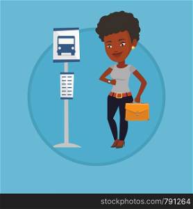 Businesswoman waiting at the bus stop. Young businesswoman standing at the bus stop. Woman looking at her watch at the bus stop. Vector flat design illustration in the circle isolated on background.. Woman waiting at the bus stop vector illustration.