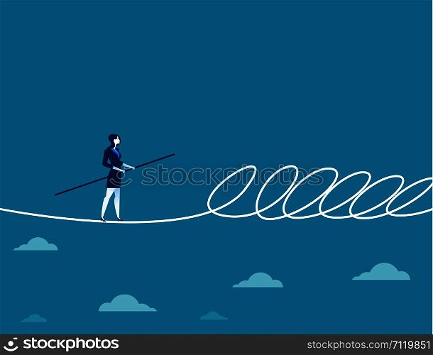 Businesswoman walking a tightrope and barrier. Concept business illustration. Vector flat