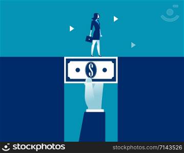 Businesswoman walking across dollar money bridging the gap. Concept business vector illustration.