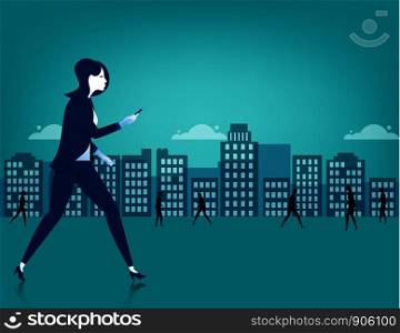 Businesswoman walking on city using a smart phone. Concept business illustration. Vector flat