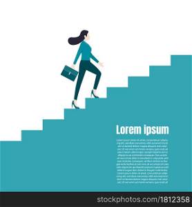 Businesswoman walking up on top stair of success. The vision of leadership. Business concept of market and investment. Vector illustration flat