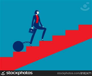 Businesswoman walking up stairs with weighted pendulum. Business vector illustration concept