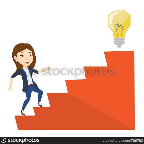Businesswoman walking upstairs to the idea bulb. Businesswoman running on the stairs to get idea bulb on the top. Business idea concept. Vector flat design illustration isolated on white background. Business woman walking upstairs to the idea bulb.
