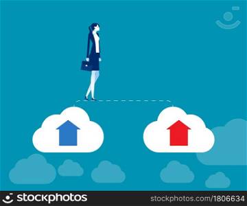 Businesswoman walks from old cloud to new cloud. Changing business