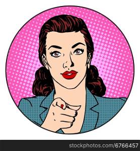 Businesswoman wants in the circle business concept. Retro style pop art. Businesswoman wants in the circle business concept