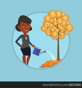 Businesswoman watering money tree. Businesswoman investing money in business project. Illustration of investment money in business. Vector flat design illustration in the circle isolated on background. Woman watering money tree vector illustration.