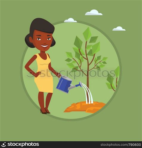Businesswoman watering trees of two sizes. Businesswoman watering tree with watering can. Business growth and investment concept. Vector flat design illustration in the circle isolated on background. Business woman watering trees vector illustration.