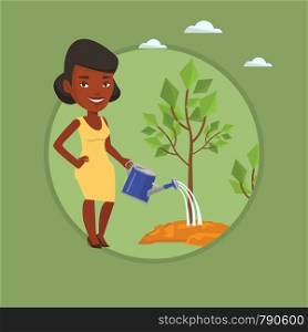 Businesswoman watering trees of two sizes. Businesswoman watering tree with watering can. Business growth and investment concept. Vector flat design illustration in the circle isolated on background. Business woman watering trees vector illustration.