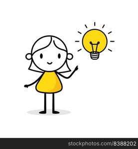 Businesswoman who has a light bulb above his head on white background. Hand drawn doodle woman. Idea and creativity concept. Vector stock illustration.