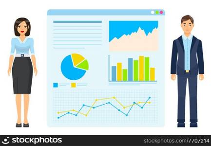 Businesswoman with businessman wearing office dresscode, suit, costume standing near graphs, charts, graphics, diagram, web analytics data, growing schedule, statistics, report. Infographic elements. Business woman and man in office suits near graphics, diagrams, charts, data analytics, schedules
