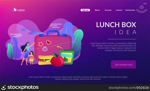 Businesswoman with child pointing to lunch box and sandwich with apple, tiny people. Kids lunch box, lunch box idea, balanced kids nutrition concept. Website homepage landing web page template.. Kids lunch box concept landing page.