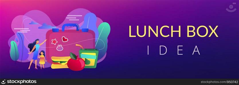 Businesswoman with child pointing to lunch box and sandwich with apple, tiny people. Kids lunch box, lunch box idea, balanced kids nutrition concept. Header or footer banner template with copy space.. Kids lunch box concept banner header.