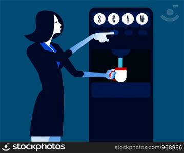 Businesswoman with coin dispenser machine. Concept business illustration. Vector flat.. Businesswoman with coin dispenser machine. Concept business illustration. Vector flat.