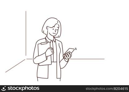 Businesswoman with documents using cellphone online communication. Smiling female employee or worker text on internet on smartphone. Vector illustration. . Businesswoman using cellphone 