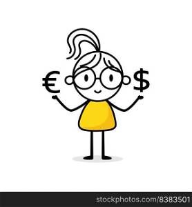 Businesswoman with euro and dollar sign isolated on white background. Hand drawn doodle woman. Vector stock illustration. 