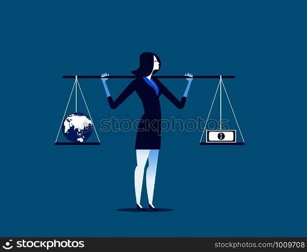 Businesswoman with globe and banknote in balance or imbalance. Concept business vector illustration.. Businesswoman with globe and banknote in balance or imbalance. Concept business vector illustration.