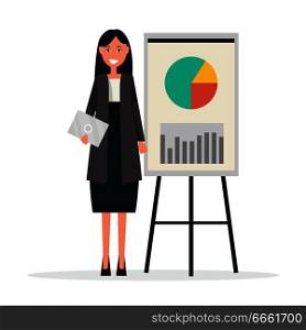 Businesswoman with graphs on broadsheet isolated on white vector. Woman in black coat holds card with round mark near poster with diagram.. Success Businesswoman with Graphs on Broadsheet