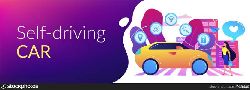 Businesswoman with heart likes using autonomos car with technology icons. Autonomous car, self-driving car, driverless robotic vehicle concept. Header or footer banner template with copy space.. Autonomous car concept banner header.