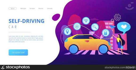 Businesswoman with heart likes using autonomos car with technology icons. Autonomous car, self-driving car, driverless robotic vehicle concept. Website vibrant violet landing web page template.. Autonomous car concept landing page.