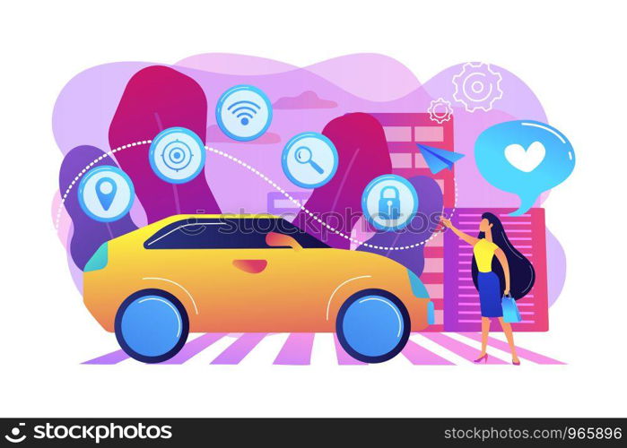 Businesswoman with heart likes using autonomos car with technology icons. Autonomous car, self-driving car, driverless robotic vehicle concept. Bright vibrant violet vector isolated illustration. Autonomous car concept vector illustration.