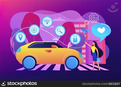 Businesswoman with heart likes using autonomos car with technology icons. Autonomous car, self-driving car, driverless robotic vehicle concept. Bright vibrant violet vector isolated illustration. Autonomous car concept vector illustration.