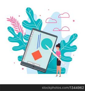 Businesswoman with Huge Tablet over Floral Leaves Metaphor Cartoon. Freelancer Presenting New Project or Working Results. Vector Freelancer with Gadget. Outdoor Workplace, Remote Work Illustration. Businesswoman with Huge Tablet over Floral Leaves