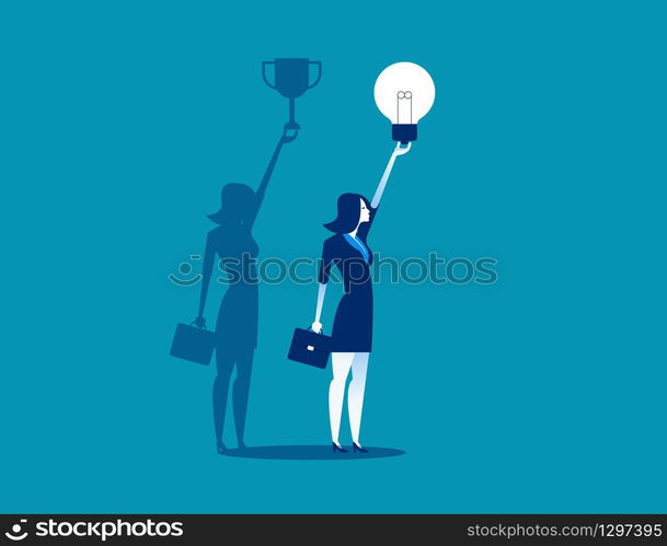 Businesswoman with idea bulb and successful shadow. Concept business vector illustration, Flat business cartoon, Trophy, Holding, charactor style.