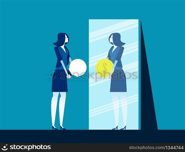 Businesswoman with ideas while mirror reflecting dollar sign. Concept business vector illustration, Currency, Achievement, Successful.