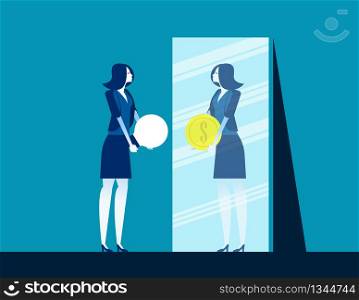 Businesswoman with ideas while mirror reflecting dollar sign. Concept business vector illustration, Currency, Achievement, Successful.