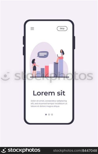Businesswoman with laptop on top of growth diagram. Her colleague standing on ground flat vector illustration. Business success, career concept for banner, website design or landing web page