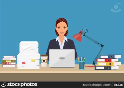 businesswoman with office things. Management concept. Office Working. Vector illustration in flat style. businesswoman with office things.