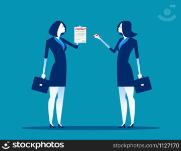 Businesswoman with partnership and agree to sign contract after to success business discussion. Concept business vector illustration. Flat design style.