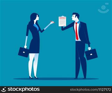 Businesswoman with partnership and agree to sign contract after to success business discussion. Concept business vector illustration. Flat design style.