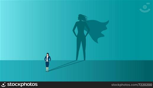 Businesswoman with shadow of superhero. Concept of power, leadership and confident. Business woman is super hero with strong motivation. Career of leader. Icon of invincible person. Vector.. Businesswoman with shadow of superhero. Concept of power, leadership and confident. Business woman is super hero with strong motivation. Career of leader. Icon of invincible person. Vector