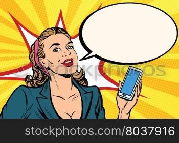 Businesswoman with smartphone in hand pop art retro vector. Successful girl. Retro business people. Businesswoman with smartphone in hand