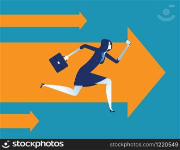 Businesswoman with smartphone running forward. Concept business technology vector illustration.