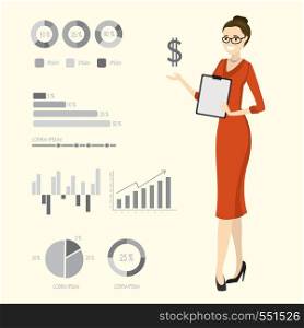 Businesswoman with various signs and graphs,flat vector illustration