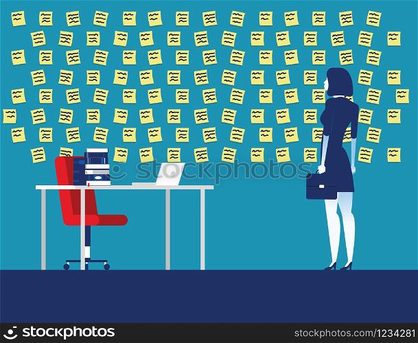 Businesswoman with wall full of reminder notes. Concept business vector illustration.. Businesswoman with wall full of reminder notes. Concept business vector illustration.