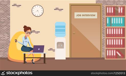 Businesswoman Work by Laptop in Comfortable Office. Woman Character in Glasses Sit on Bean Bag Chair with Computer Cup of Tea or Coffee. Door with Job Interview Sign. Flat Cartoon Vector Illustration. Businesswoman Work by Laptop in Comfortable Office