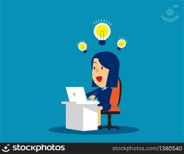 Businesswoman working and creation of ideas bulb. Concept business vector illustration, Bulb and Ideas, Working & happy.