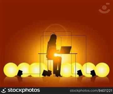 Businesswoman working and multi creative idea. Business lightbulb vector illustration