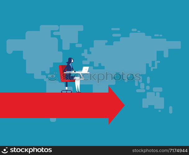 Businesswoman working on arrow moving forward. Concept business vector illustration.