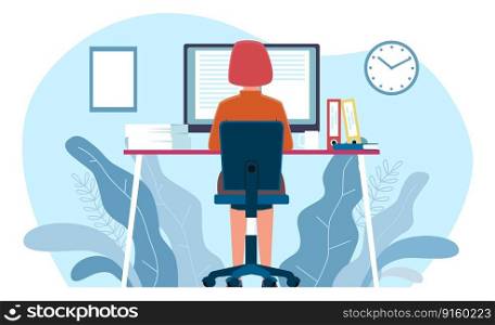 Businesswoman working on computer in office. Woman sitting at desk. Employee or freelancer. Corporate worker workplace. People back view. Cartoon flat style isolated character. Vector business concept. Businesswoman working on computer in office. Woman sitting at desk. Employee or freelancer. Corporate worker workplace. People back view. Cartoon flat style character. Vector business concept